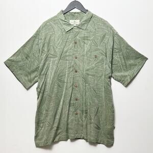 Island Shores Hawaiian Aloha Shirt Mens 2XL Green Leaf Print 100% Washable Silk